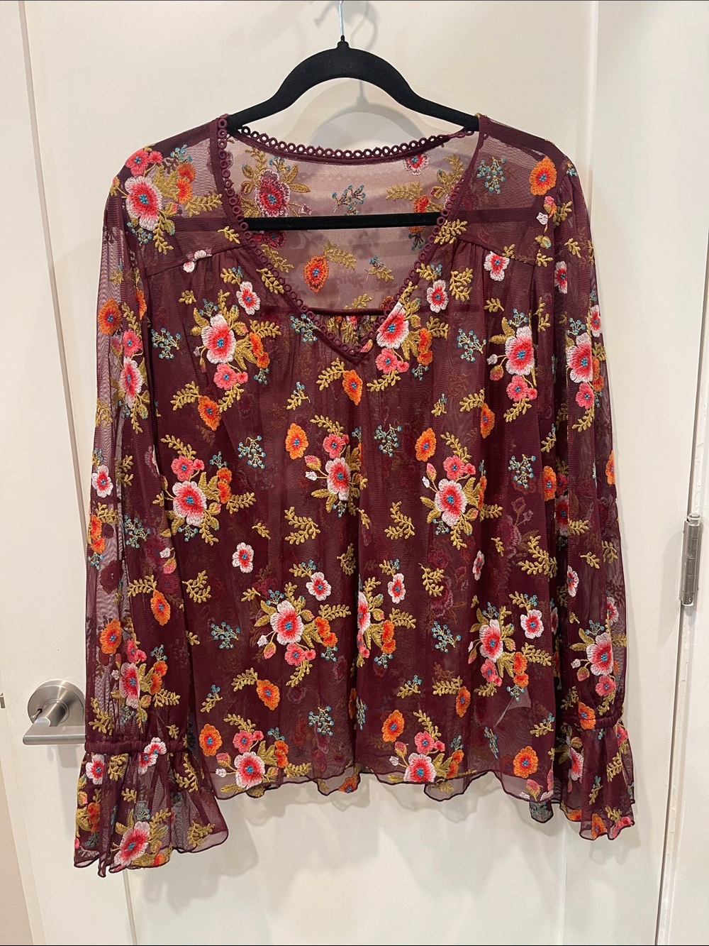Anthropologie Burgundy Floral Embroidered Sheer Blouse